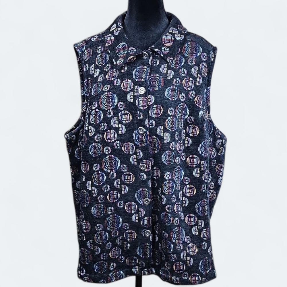 CJ‎ BANKS | Women's Tapestry Multicolor Geometric Silver Metal Button Vest | 2X